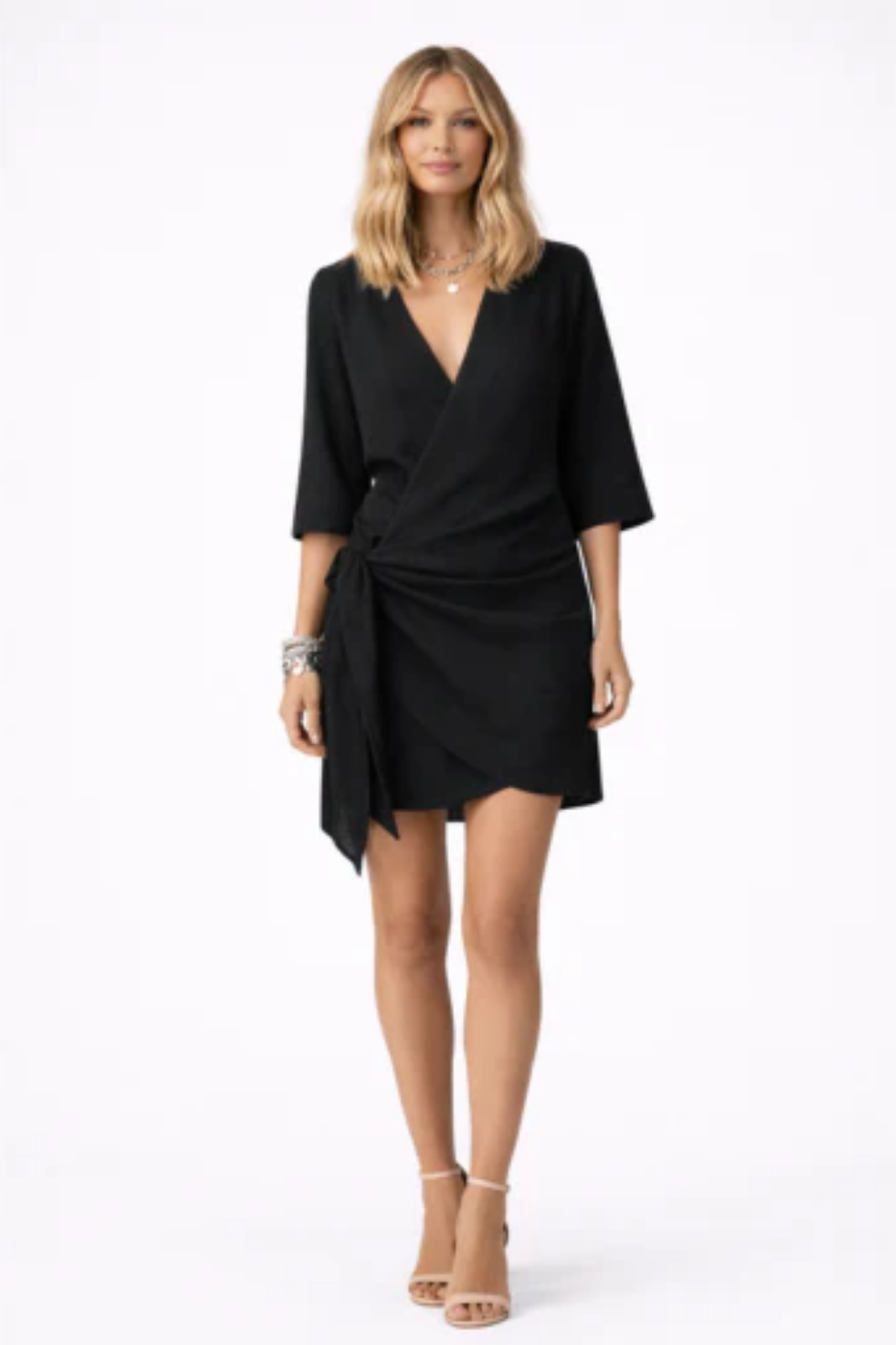 Robe portefeuille courte – décolleté V, manches 3/4 et lien à nouer sur le côté