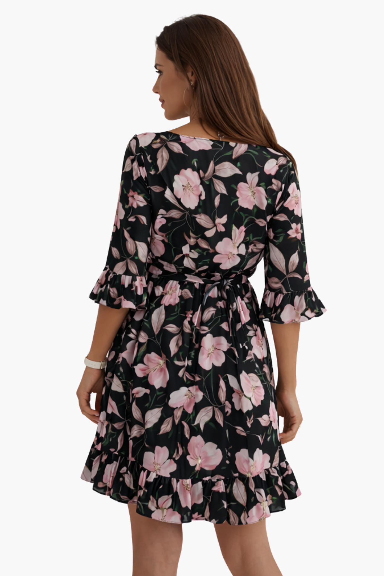 Robe Courte Portefeuille à Imprimé Floral et Manches Volantées