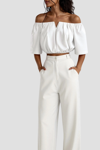 Top corto Bardot da donna – Top con spalle scoperte a maniche a sbuffo