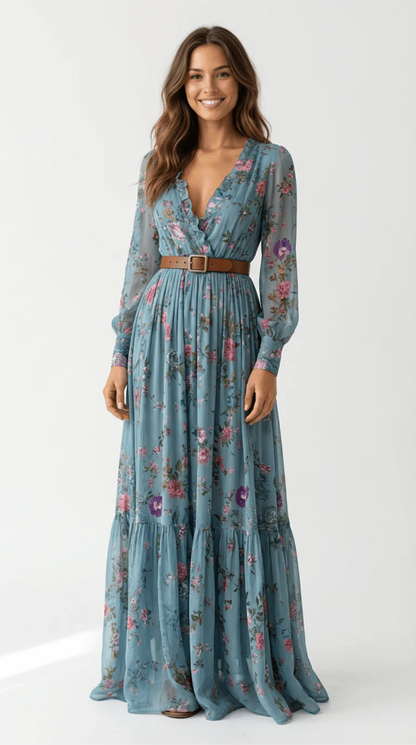 Abito Lungo Bohémien Donna Verde Scuro con Ricami Floreali