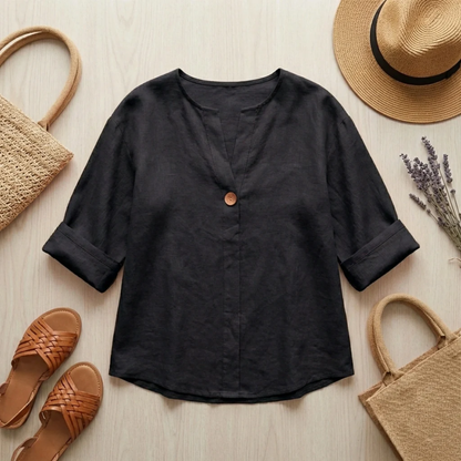 Camicetta Lino Donna Casual – Scollo a V e Maniche Risvoltate