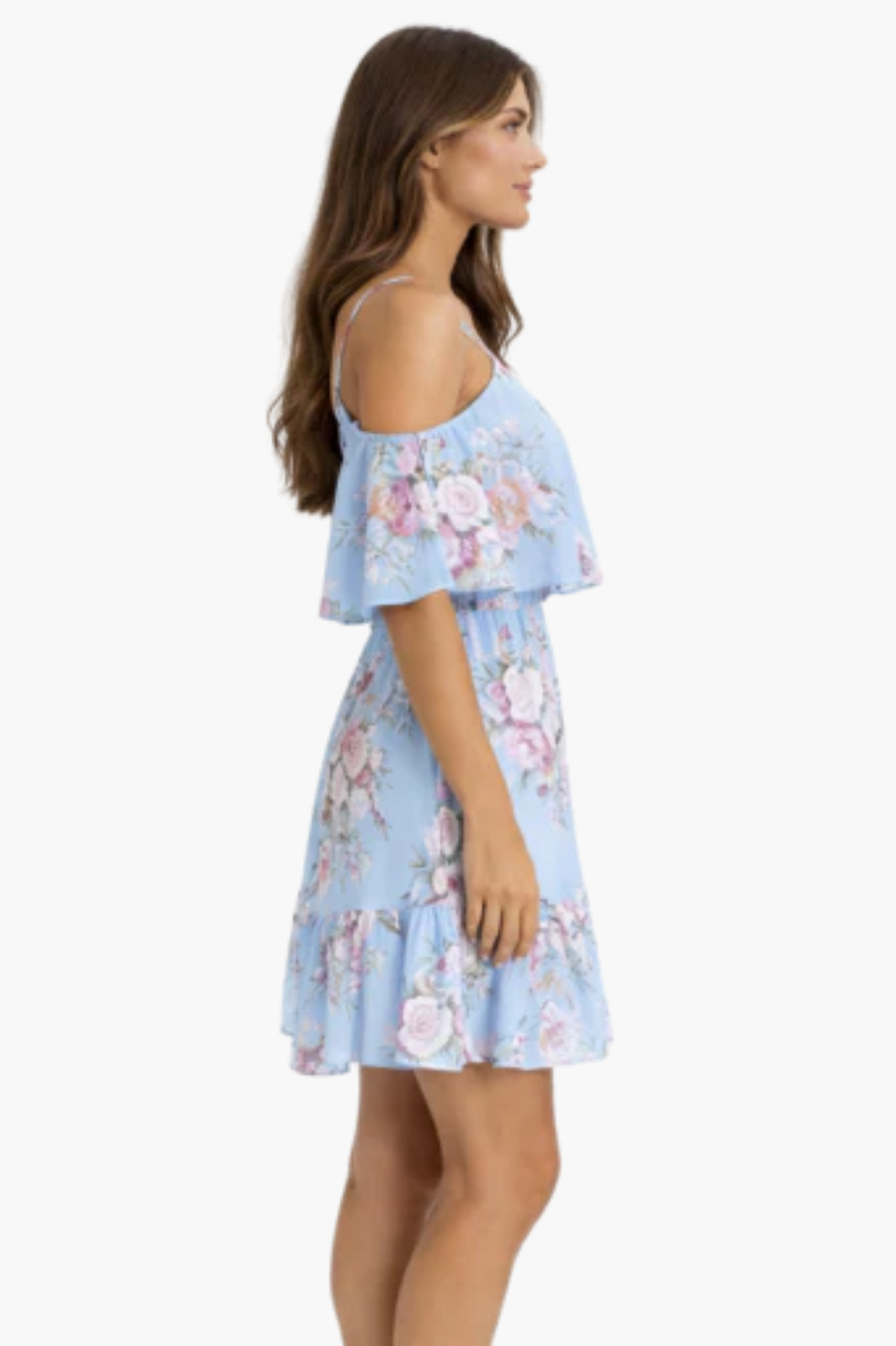 Vestito corto a fiori con spalle scoperte e balze