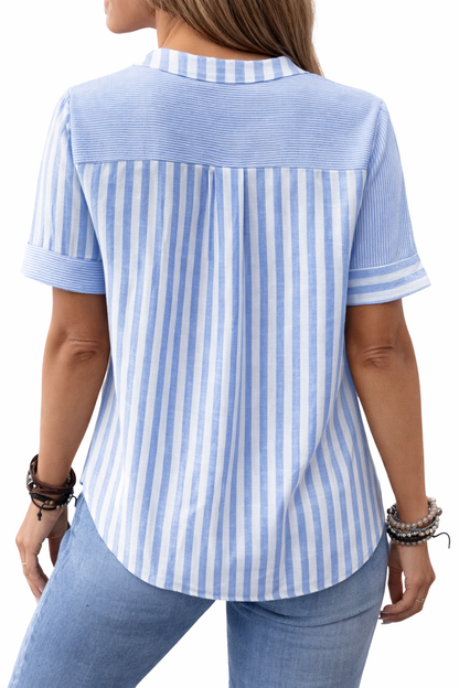 Camicetta da donna a righe patchwork – Top casual con bottoni e maniche corte