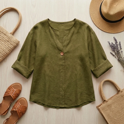 Camicetta Lino Donna Casual – Scollo a V e Maniche Risvoltate