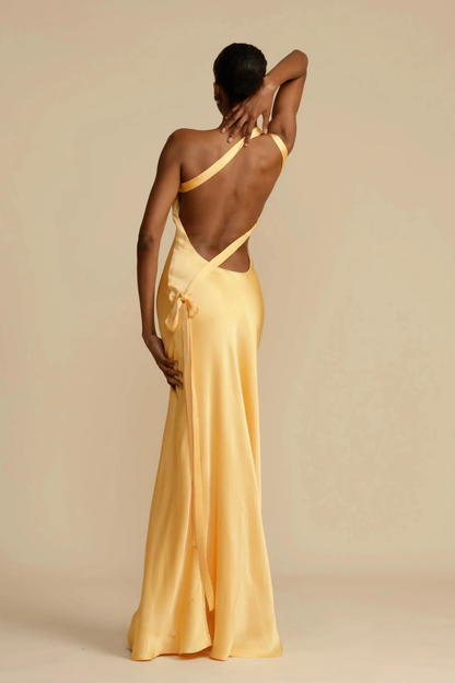 Abito lungo da donna in raso – Abito elegante asimmetrico monospalla