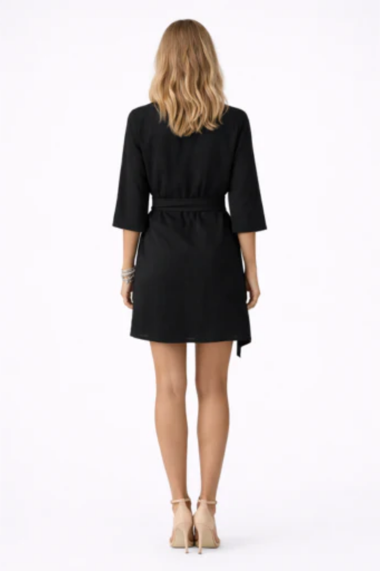 Robe portefeuille courte – décolleté V, manches 3/4 et lien à nouer sur le côté