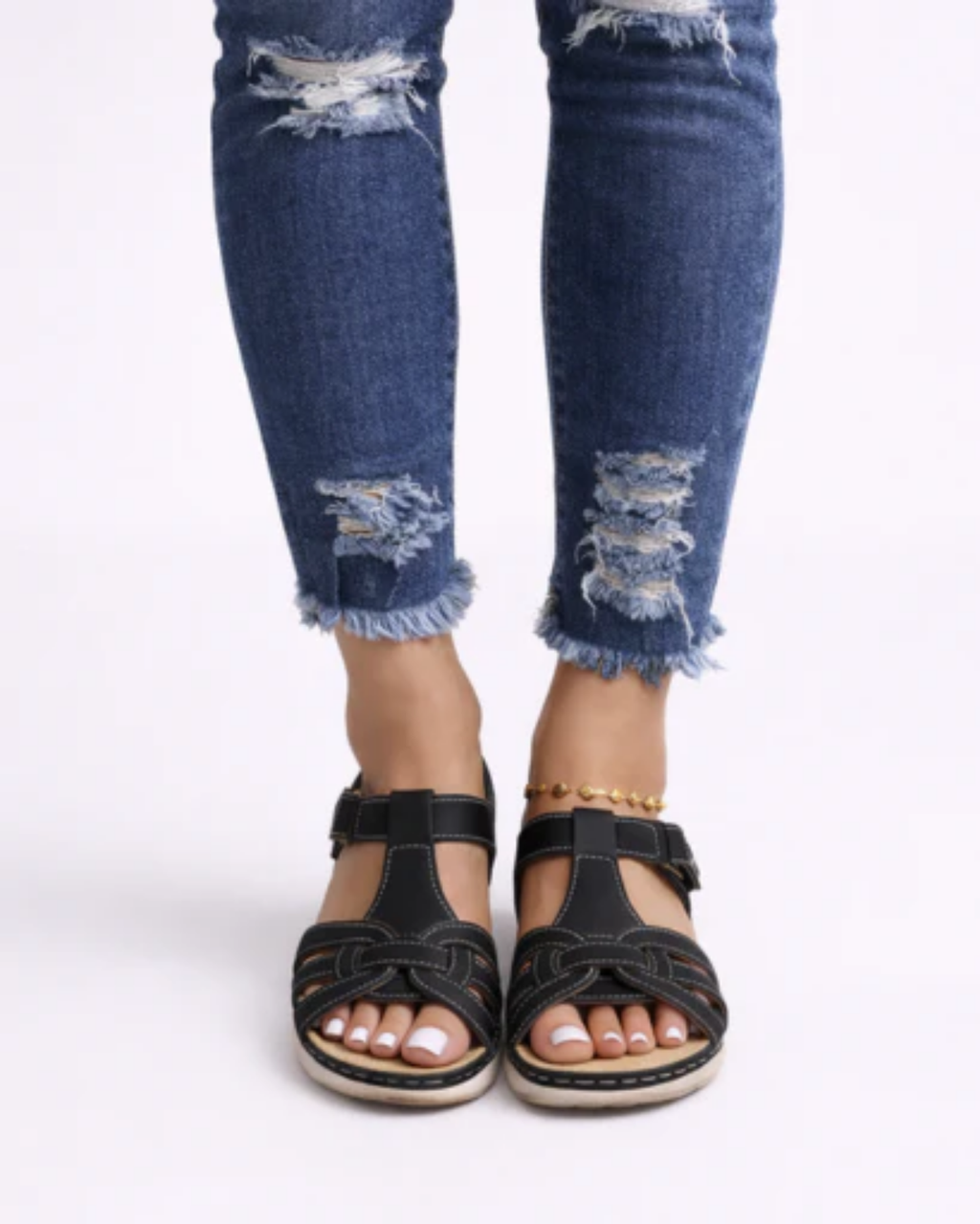 Sandales Femme Plates à Brides Entrecroisées avec Bride Cheville Ajustable et Semelle Compensée