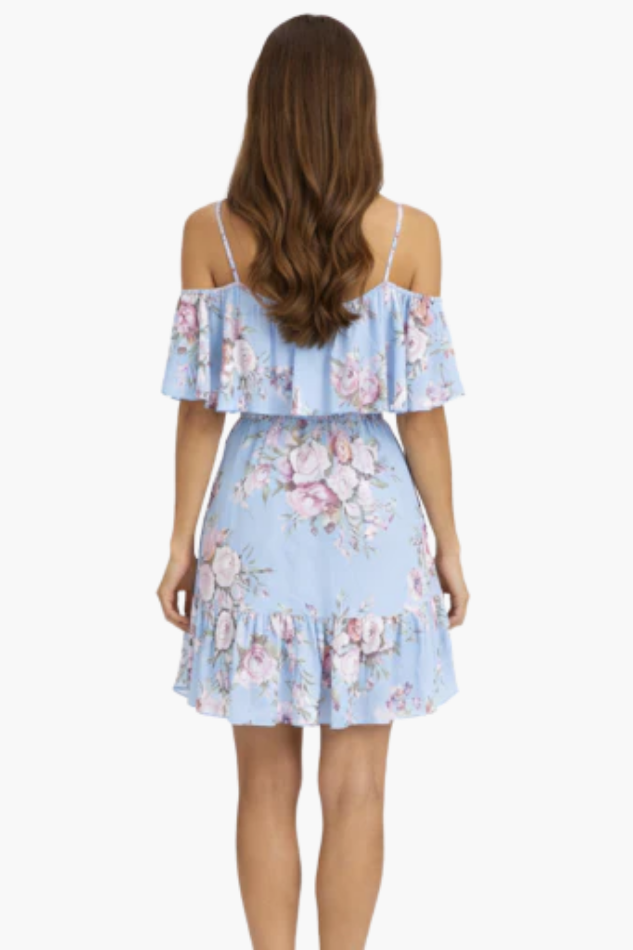 Vestito corto a fiori con spalle scoperte e balze