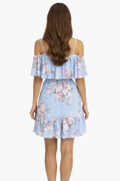 Vestito corto a fiori con spalle scoperte e balze