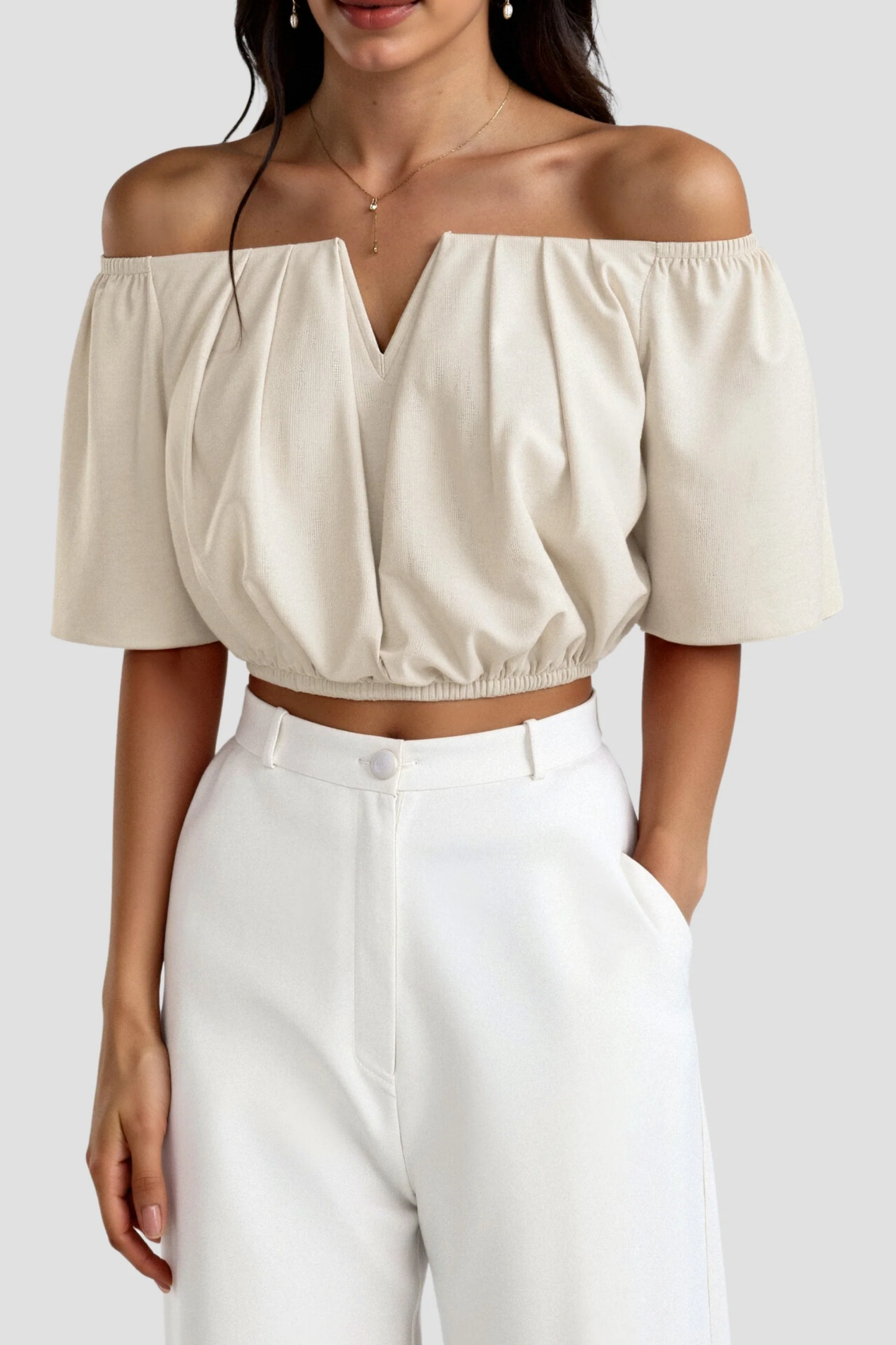 Top corto Bardot da donna – Top con spalle scoperte a maniche a sbuffo