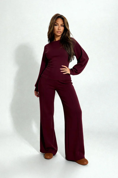 Completo Elegante da Donna - Top Aderente a Maniche Lunghe e Pantaloni a Gamba Larga