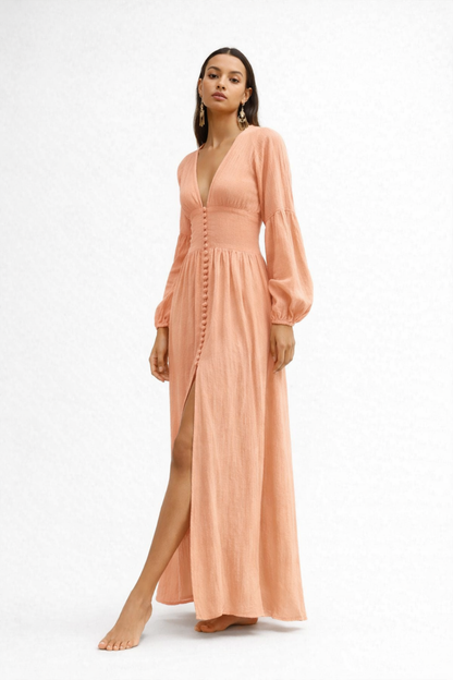 Vestito Lungo Donna con Scollo a V – Abito Fluido Elegante a Maniche Lunghe