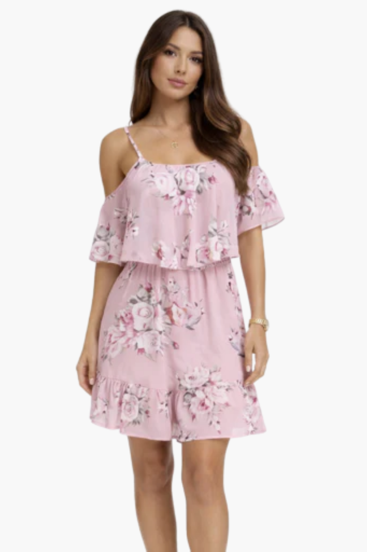 Vestito corto a fiori con spalle scoperte e balze