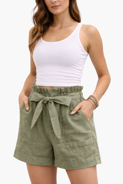 Short en lin femme taille haute – coupe fluide et ceinture nouée élégante | short lin