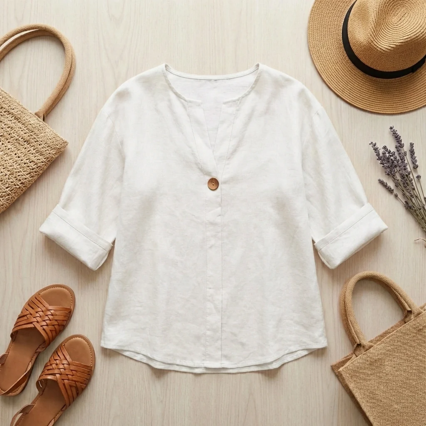 Camicetta Lino Donna Casual – Scollo a V e Maniche Risvoltate