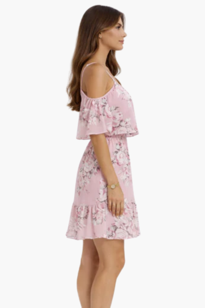 Vestito corto a fiori con spalle scoperte e balze