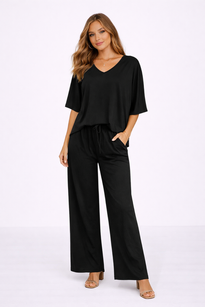 Completo da Donna 2 Pezzi – Top Scollo a V e Pantaloni Ampi Fluidi