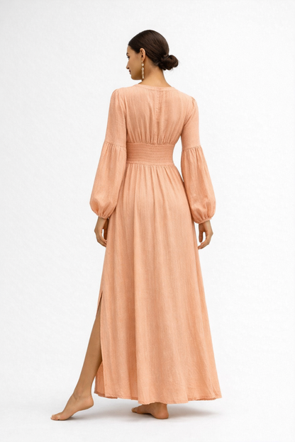 Vestito Lungo Donna con Scollo a V – Abito Fluido Elegante a Maniche Lunghe