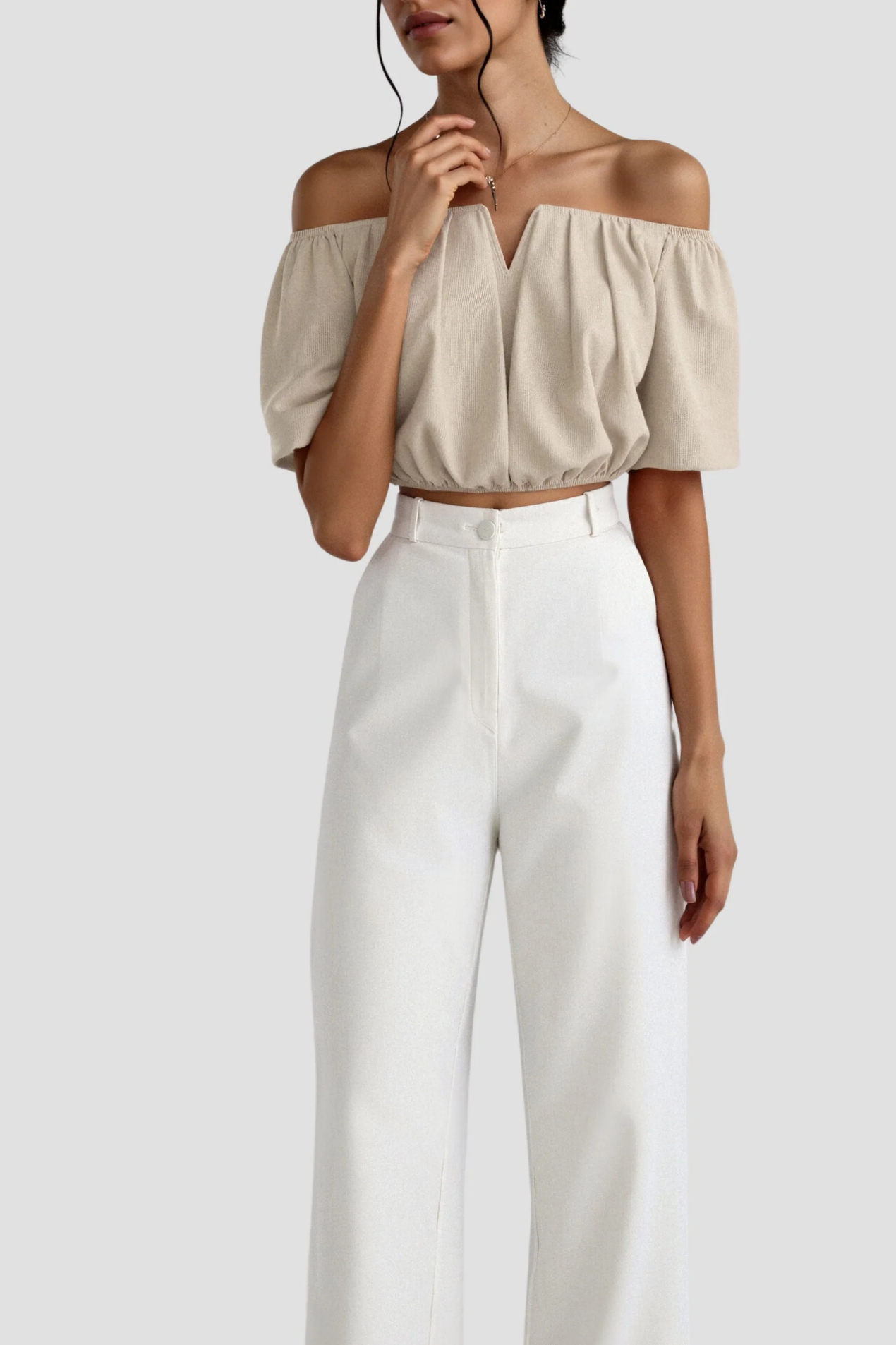 Top corto Bardot da donna – Top con spalle scoperte a maniche a sbuffo