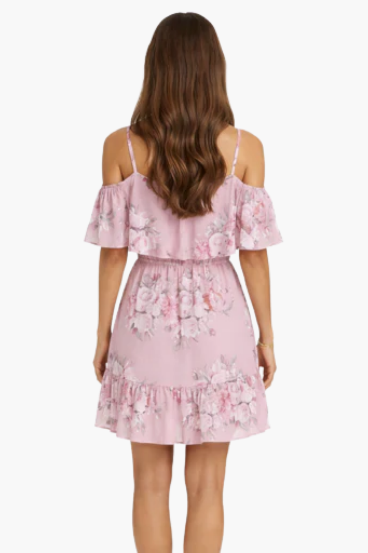 Vestito corto a fiori con spalle scoperte e balze