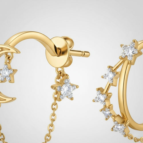 Boucles d’oreilles célestes lune, étoiles et planète en or