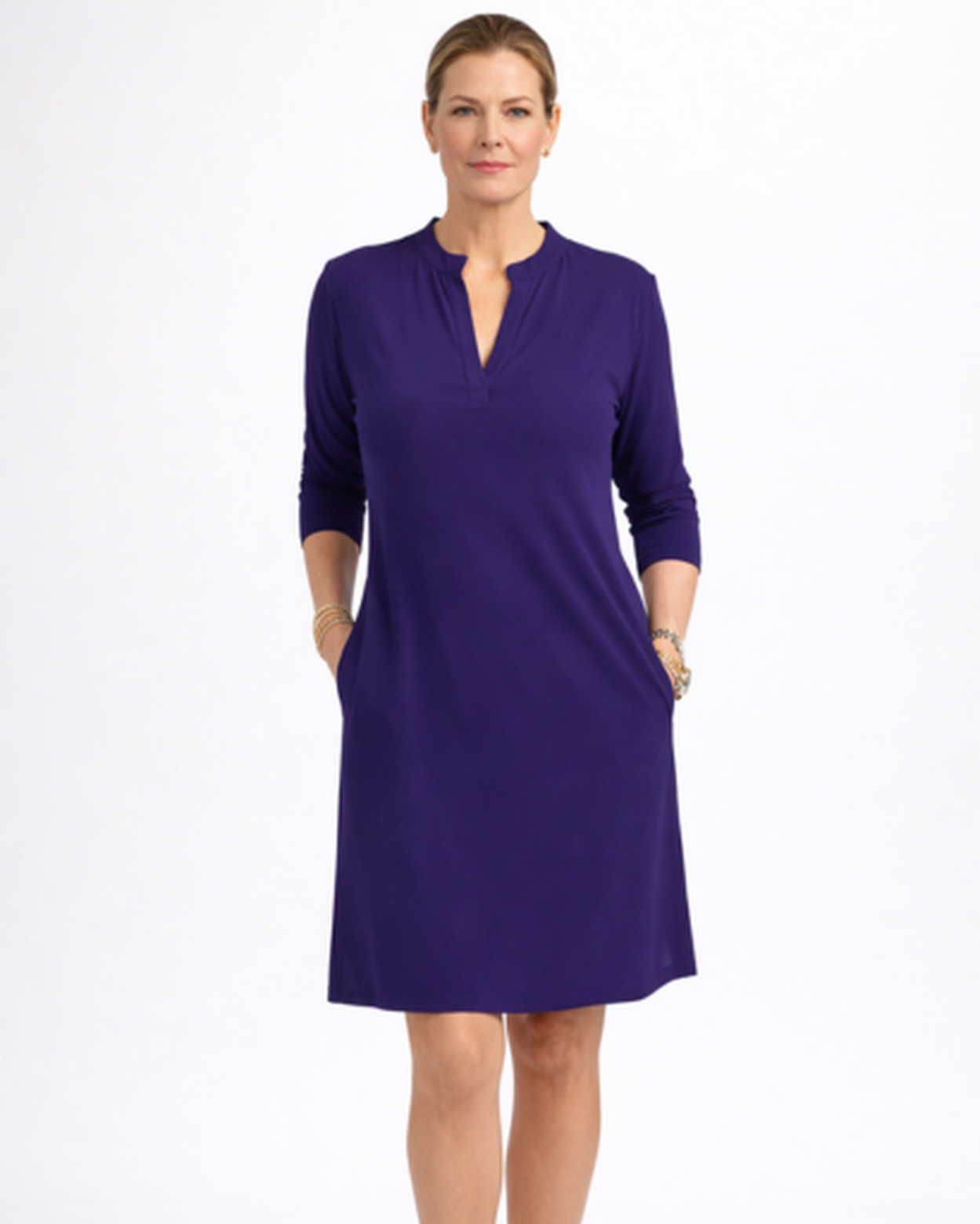 Robe droite femme – Coupe fluide chic à manches longues et poches | Robe col tunisien