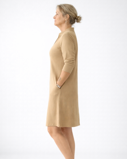 Robe droite femme – Coupe fluide chic à manches longues et poches | Robe col tunisien