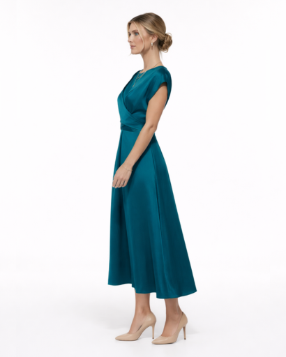 Vestito Lungo di Raso con Vita Annodata e Taglio Incrociato Elegante