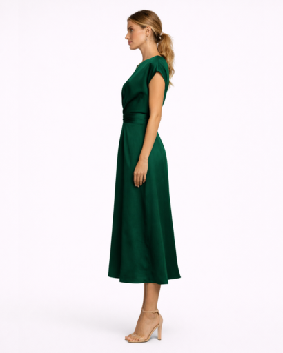 Vestito Lungo di Raso con Vita Annodata e Taglio Incrociato Elegante