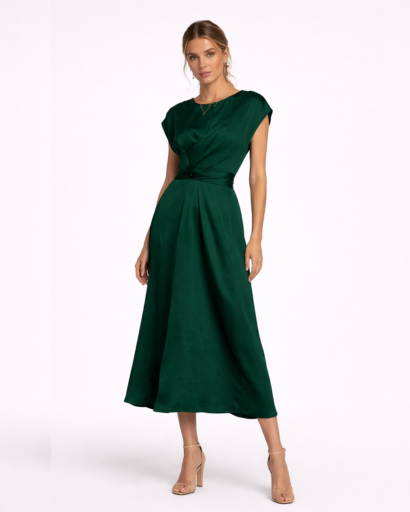 Vestito Lungo di Raso con Vita Annodata e Taglio Incrociato Elegante