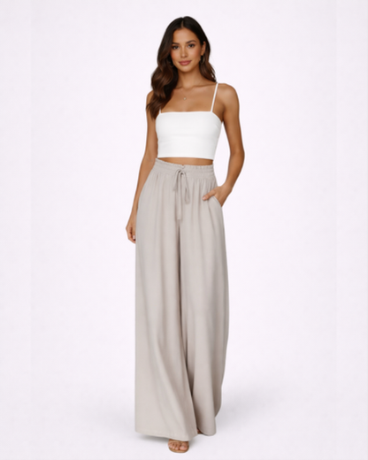 Pantaloni Larghi Fluido con Vita Alta Elastica e Coulisse
