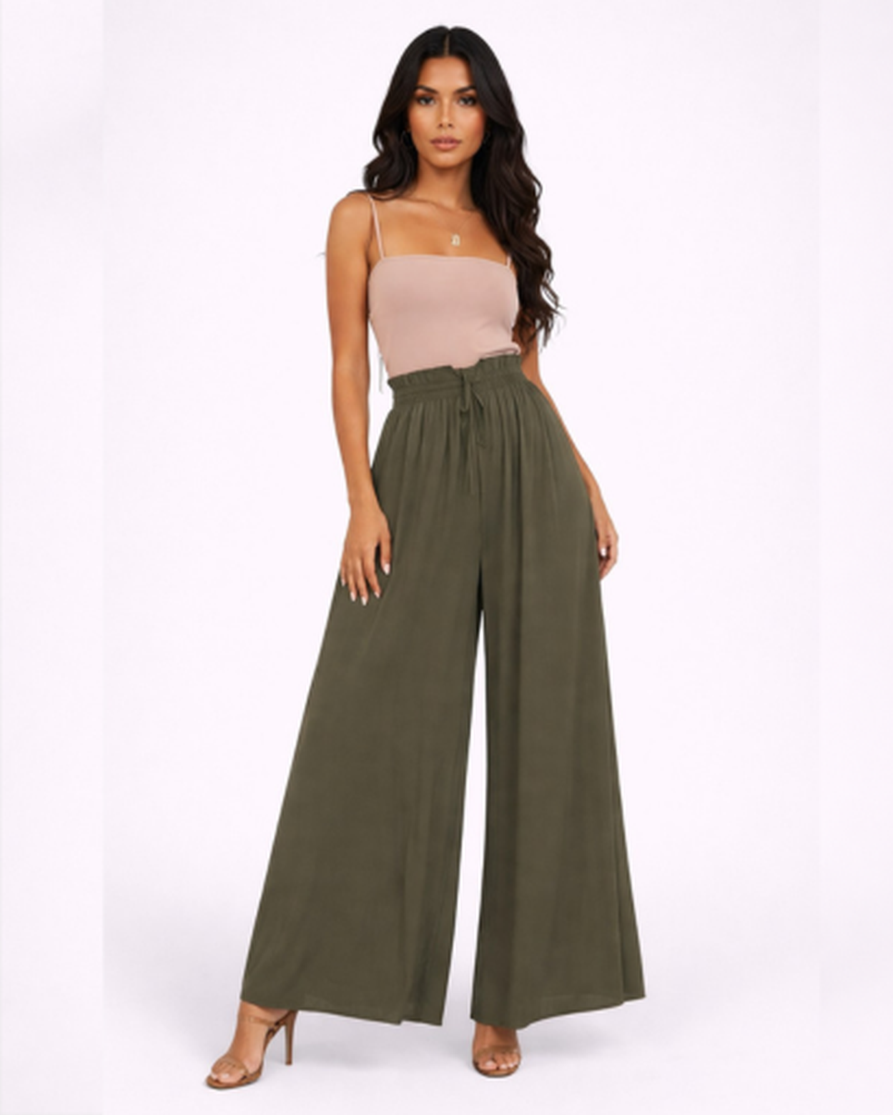 Pantaloni Larghi Fluido con Vita Alta Elastica e Coulisse