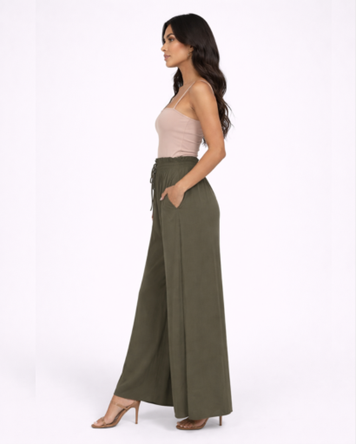 Pantaloni Larghi Fluido con Vita Alta Elastica e Coulisse