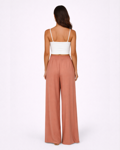 Pantaloni Larghi Fluido con Vita Alta Elastica e Coulisse