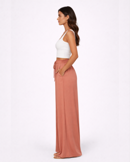 Pantaloni Larghi Fluido con Vita Alta Elastica e Coulisse