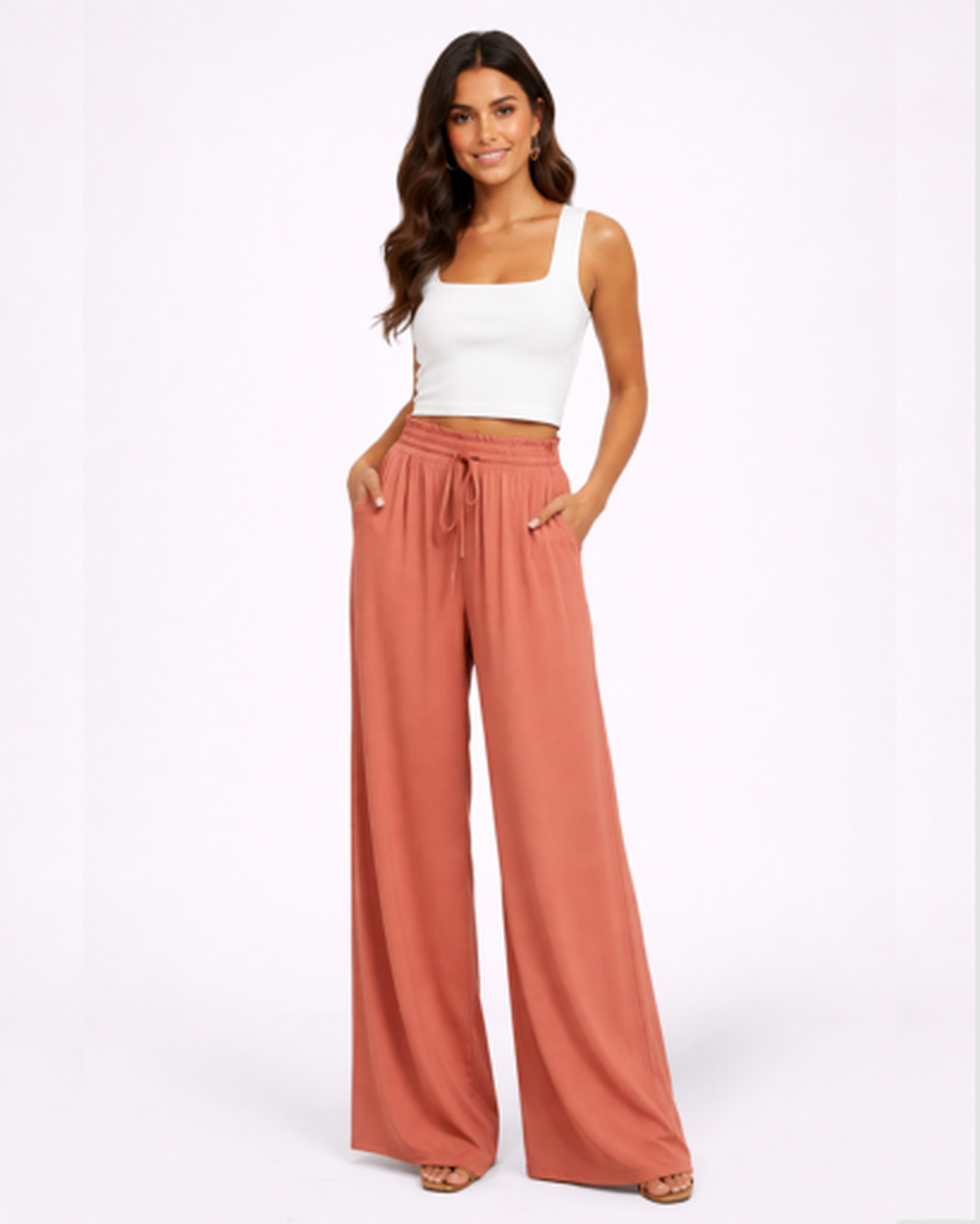 Pantaloni Larghi Fluido con Vita Alta Elastica e Coulisse