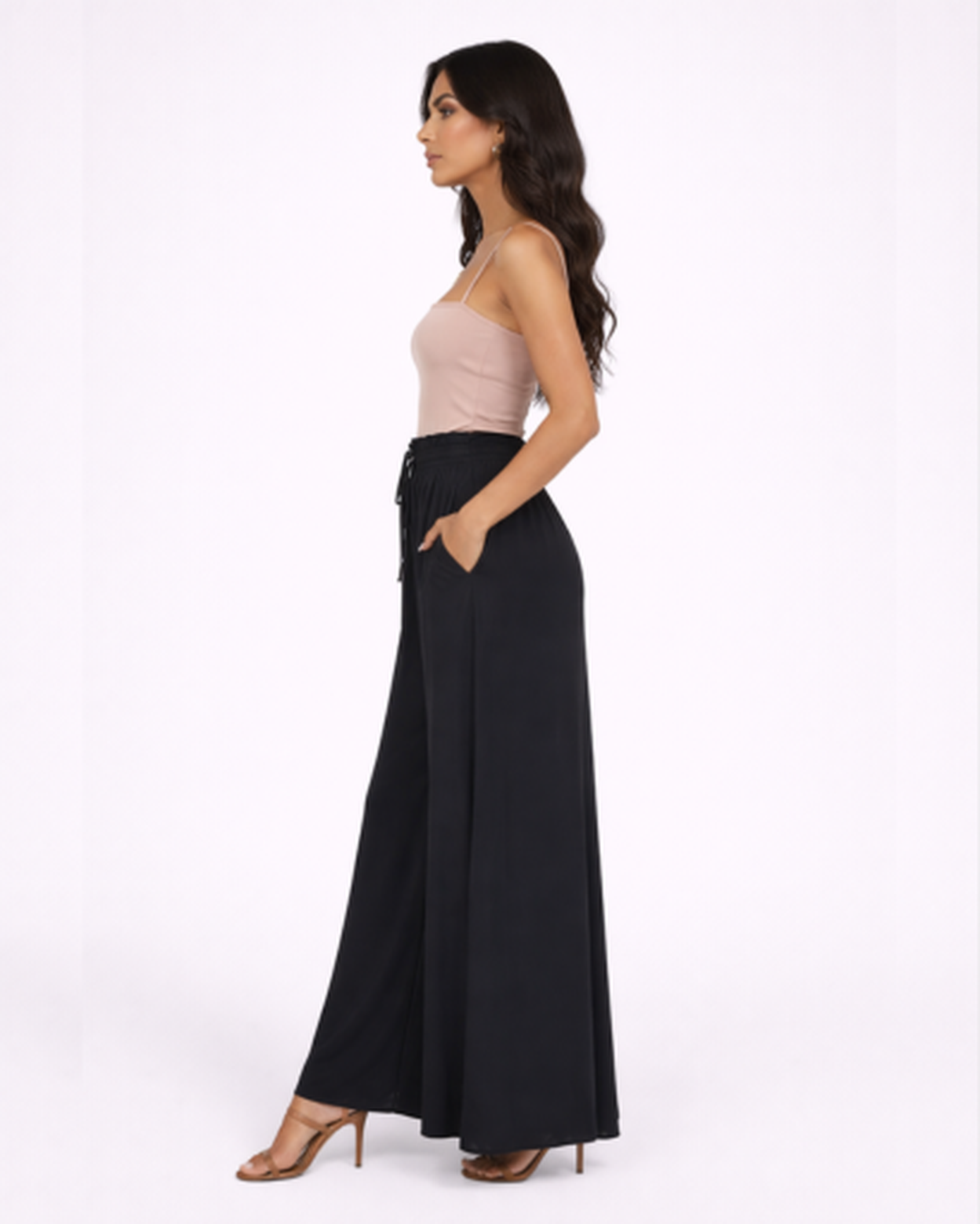 Pantaloni Larghi Fluido con Vita Alta Elastica e Coulisse
