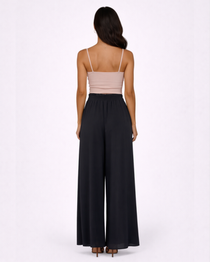 Pantaloni Larghi Fluido con Vita Alta Elastica e Coulisse
