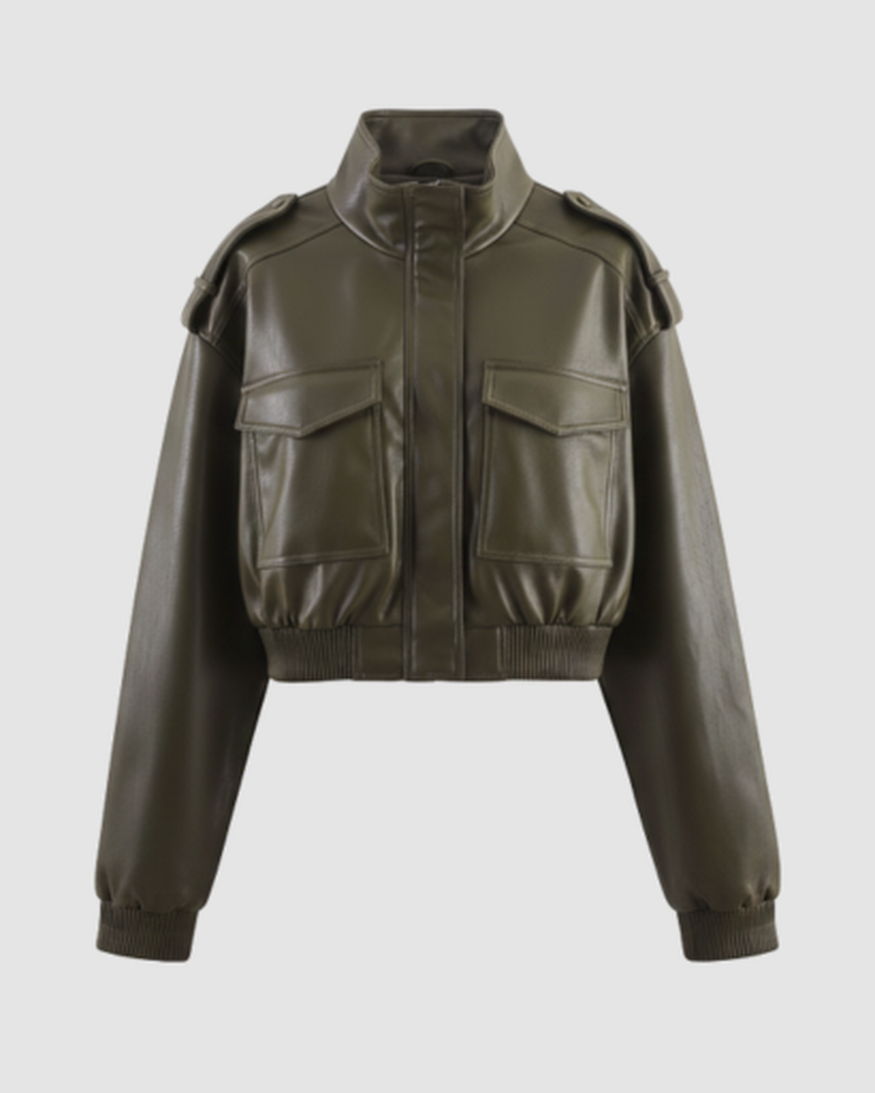 Veste courte en cuir à col montant et poches cargo