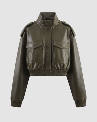 Veste courte en cuir à col montant et poches cargo