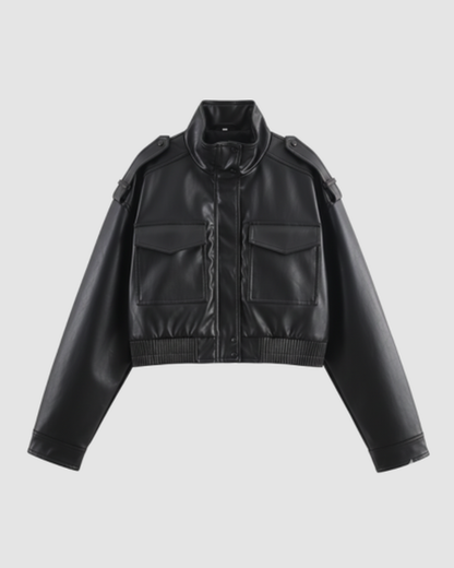 Veste courte en cuir à col montant et poches cargo