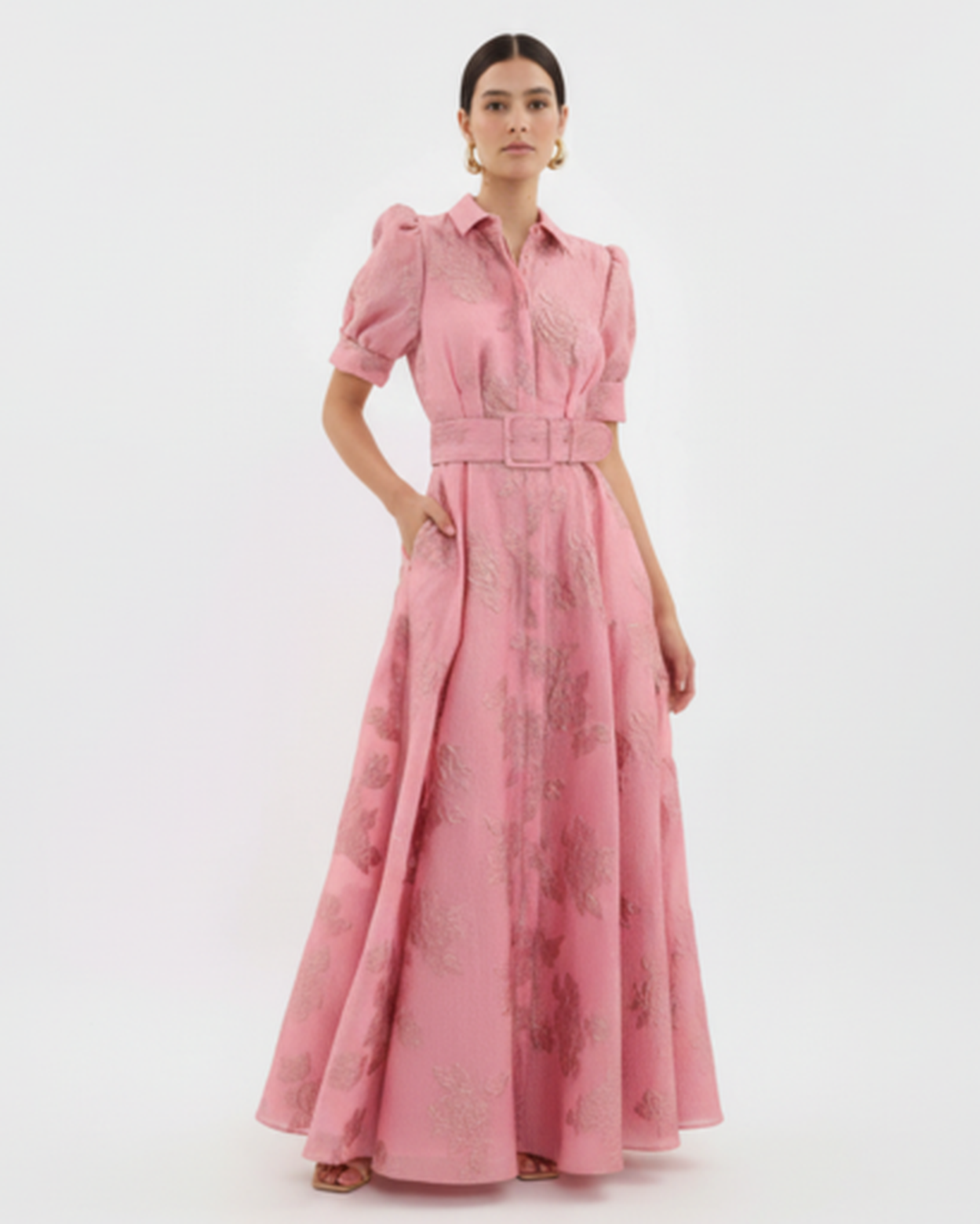 Robe longue invitée de mariage – Coupe évasée fleurie et ceinture coordonnée | robe maxi florale