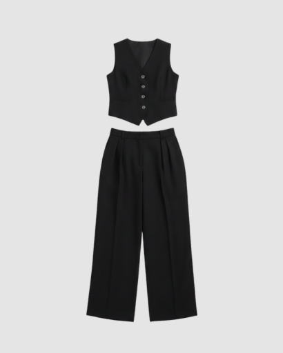 Completo tailleur da donna con gilet smanicato e pantaloni larghi a vita alta con pinces