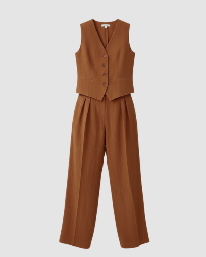 Completo tailleur da donna con gilet smanicato e pantaloni larghi a vita alta con pinces