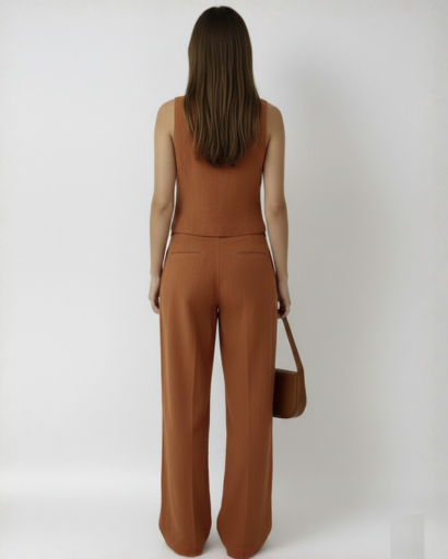 Completo tailleur da donna con gilet smanicato e pantaloni larghi a vita alta con pinces
