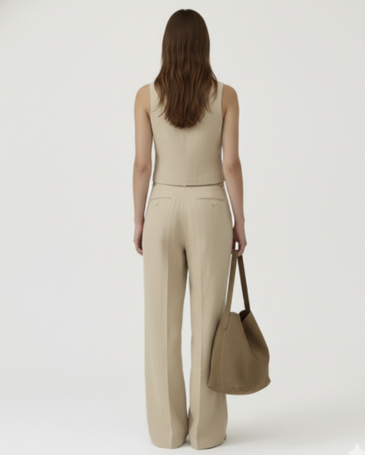 Completo tailleur da donna con gilet smanicato e pantaloni larghi a vita alta con pinces