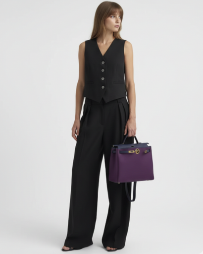 Completo tailleur da donna con gilet smanicato e pantaloni larghi a vita alta con pinces