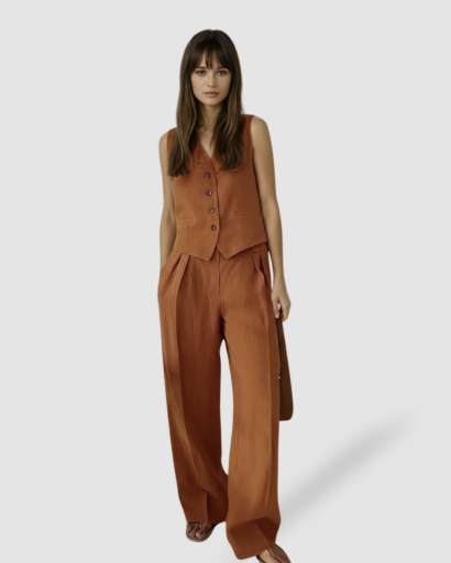 Completo tailleur da donna con gilet smanicato e pantaloni larghi a vita alta con pinces