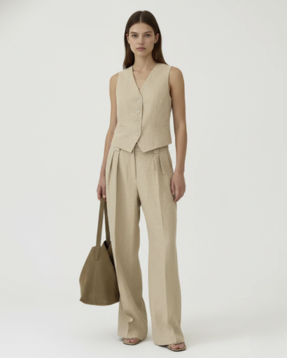 Completo tailleur da donna con gilet smanicato e pantaloni larghi a vita alta con pinces
