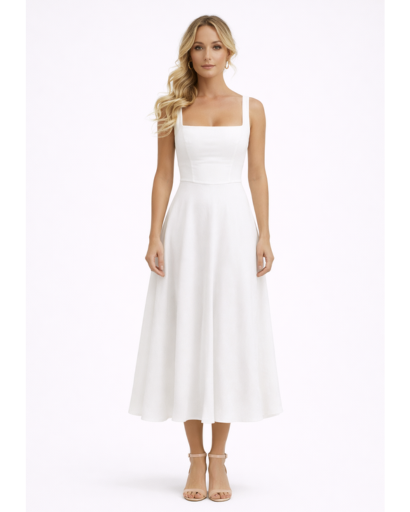 Robe midi évasée à bretelles fines et encolure carrée